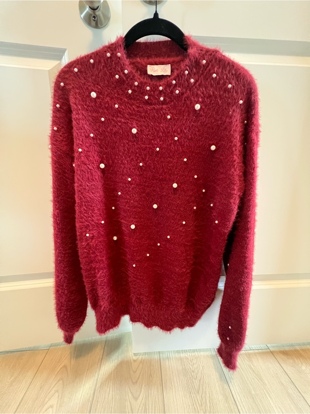 Pink Lily Pearl-Accent Fuzzy Crewneck Sweater